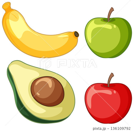 Vector Illustration of Fresh Banana Green Apple Red Apple and Avocado 136109792