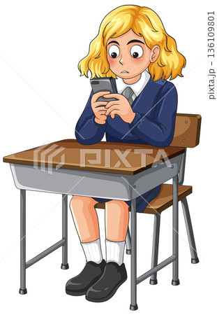 Worried Schoolgirl Sitting at Desk Using Smartphone Worried Schoolgirl Sitting at Desk Using Smartphone 136109801