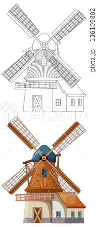 Traditional Dutch Windmill Vector Illustration with Color and Outline Traditional Dutch Windmill Vector Illustration with Color and Outline 136109802