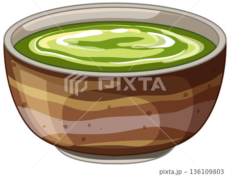 Vector Illustration of a Ceramic Bowl Filled with Green Matcha Tea 136109803