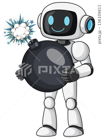 Smiling Robot Holding Cartoon Bomb with Lit Fuse 136109811