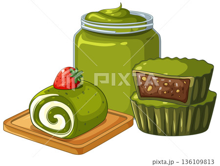 Matcha Green Tea Dessert Set with Swiss Roll and Mooncake 136109813