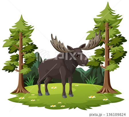 Bull Moose Standing in a Forest Clearing Vector Illustration Bull Moose Standing in a Forest Clearing Vector Illustration 136109824