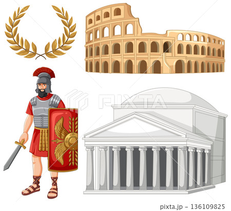Ancient Roman Vector Illustration Set with Centurion Colosseum and Pantheon Ancient Roman Vector Illustration Set with Centurion Colosseum and Pantheon 136109825