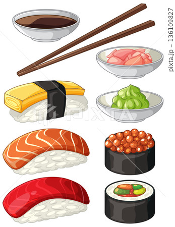 Assorted Japanese Sushi Set with Nigiri Maki Ginger and Wasabi 136109827