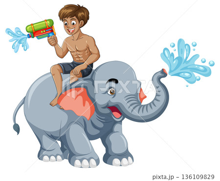Young Man Riding Elephant and Playing with Water Gun for Songkran Festival 136109829