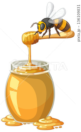 Honey Bee Perched on a Dipper Over a Glass Jar 136109831