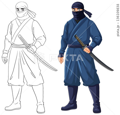 Japanese Ninja Warrior Character in Full Blue Suit Holding Katana Sword Japanese Ninja Warrior Character in Full Blue Suit Holding Katana Sword 136109838