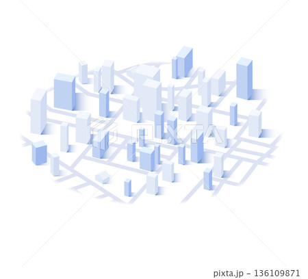 Urbanization concept, cityscape on map with interconnected lines. Encompasses the growth of urban areas. Reflects population concentration, the increasing interconnectedness of urban spaces. Vector 136109871