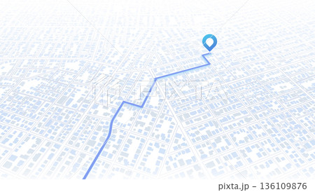 An abstract navigation plan highlights POI including city streets, blocks. City map featuring directional signs, an intended goal point and multiple markers. Editable vector illustration 136109876