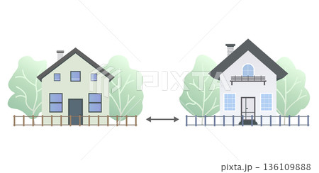 Minimum distance between buildings. Showcasing a residential house and shop with a distance indicator in a vector illustration. Regulation for human dwelling. 136109888