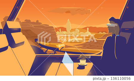 Futuristic daily commute of a businessman travelling on a high speed train in Mars colony. 136110056