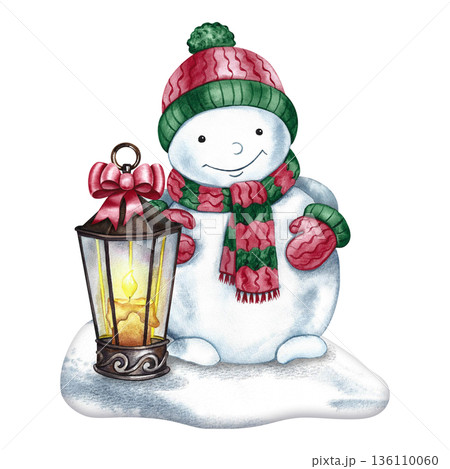 Christmas snowman and lantern in the snow. Hand-drawn watercolor illustration. Colorful image. Cute snowman wearing a warm hat, scarf, and mittens. Perfect for postcards, posters, banners, and more. 136110060