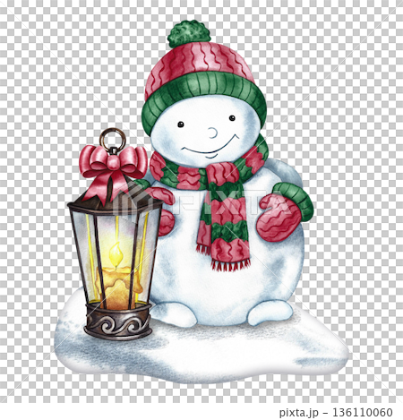 Christmas snowman and lantern in the snow. Hand-drawn watercolor illustration. Colorful image. Cute snowman wearing a warm hat, scarf, and mittens. Perfect for postcards, posters, banners, and more. 136110060