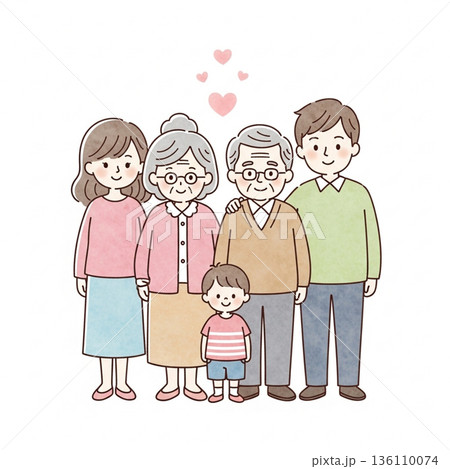 三世代家族が寄り添う温かいイラスト｜祖父母・両親・子ども 136110074