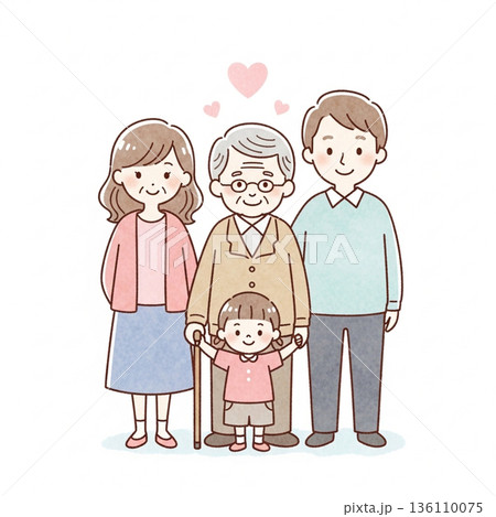 三世代家族が寄り添う温かいイラスト｜祖父母・両親・子ども 136110075