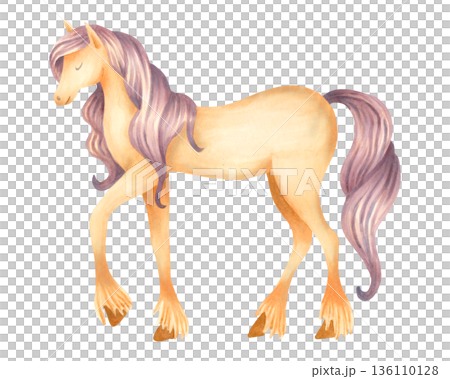 Cute fantasy horse. Watercolor illustration of a fairytale creature for children. Hand drawn isolated art. Pony for a nursery. Unicorn for greeting cards for a baby shower or childrens birthday. 136110128