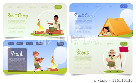Scout camp landing page, banner flat vector set, children scouts resting near the camping tent and picnic with campfire Scout camp landing page, banner flat vector set, children scouts resting near the camping tent and picnic with campfire 136110139