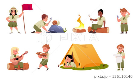 Scout children camp in nature vector set, camping scenes isolated on white, tent and campfire, playing guitar, exploring 136110140