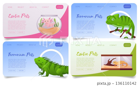 Terrarium pets landing page cartoon design vector set, exotic iguana pet, tropical reptile animal, Axolotl in aquarium 136110142