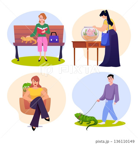 People with exotic pets, reptile animals care vector flat set, cartoon owners with guana, chameleon, amphibian axolotl People with exotic pets, reptile animals care vector flat set, cartoon owners with guana, chameleon, amphibian axolotl 136110149