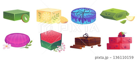 A set of handmade soap bars in various shapes and bright colors with ingredients. 136110159