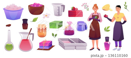 Making handmade natural soap theme illustrations vector set, bathing aromatherapy cosmetic product workshop collection Making handmade natural soap theme illustrations vector set, bathing aromatherapy cosmetic product workshop collection 136110160