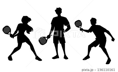 A set of black silhouettes of women and men moving with rackets. 136110161