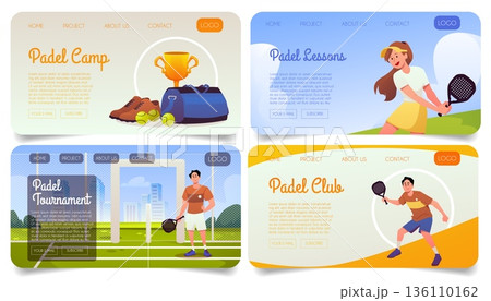 A set of web pages featuring padel characters and equipment. A set of web pages featuring padel characters and equipment. 136110162