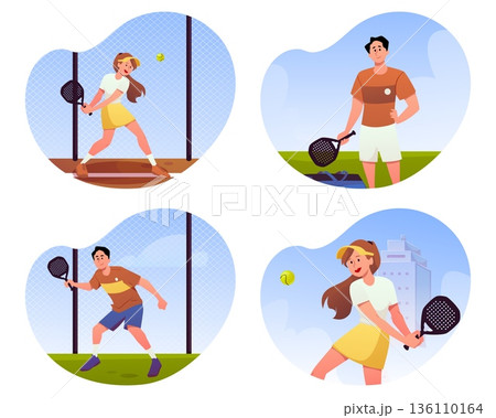 Paddle tennis player poses, sports men and women hitting ball with padel racket, athletes playing padel tennis on court 136110164