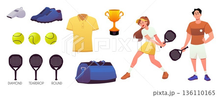 Paddle tennis sport game collection vector set, players hitting the ball with padel racket, professional sport equipment 136110165