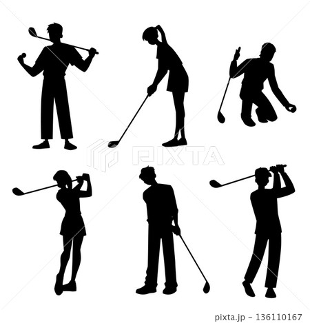 People playing golf, hitting ball with club, raised hands black silhouette vector set, men and women sports characters People playing golf, hitting ball with club, raised hands black silhouette vector set, men and women sports characters 136110167