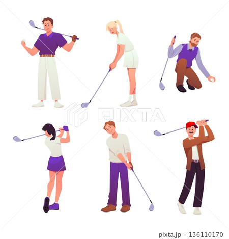 People playing golf, hitting ball with club, raised hands vector flat illustrations set, men and women sports characters People playing golf, hitting ball with club, raised hands vector flat illustrations set, men and women sports characters 136110170