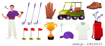 Golf sport game collection vector set, golfer, club and ball, golf equipment, clubs bag, car cart, cap, glove and boots 136110171