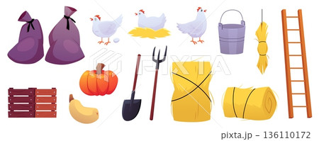 A set of barn items, chicken, sack, hay, ladder, vegetables, tools, and a fence. 136110172