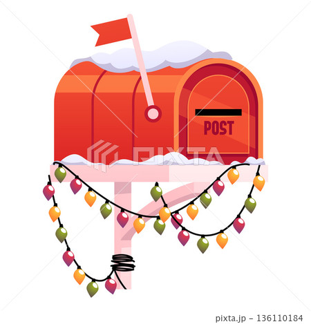 Red mailbox with flag, snow and garland flat vector icon, postal postbox for receiving letters, postcards Christmas mail 136110184