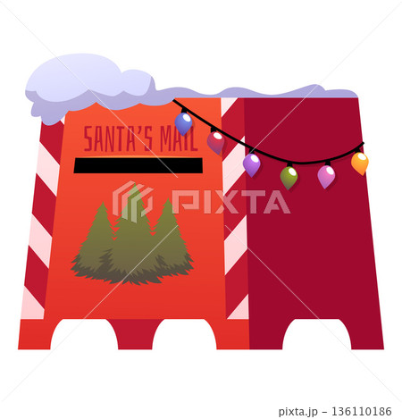 A red Christmas mailbox for letters to Santa, on legs, decorated with garland, fir trees, and snow. 136110186