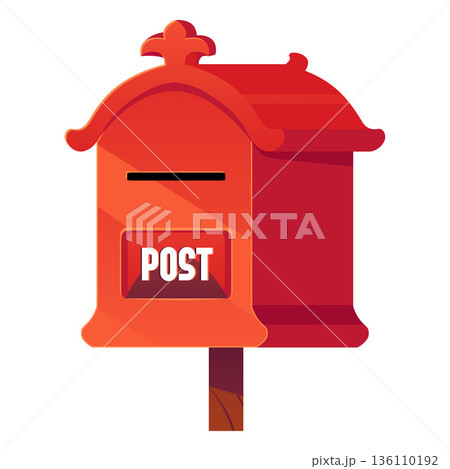 Red traditional mailbox on a pole, mail container, flat cartoon style. Red traditional mailbox on a pole, mail container, flat cartoon style. 136110192