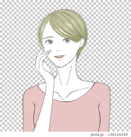 A blonde woman with her hand on her right cheek 136110240