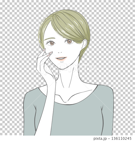 一位金髮女子,一隻手放在右臉頰上。 一位金髮女子,一隻手放在右臉頰上。 136110245