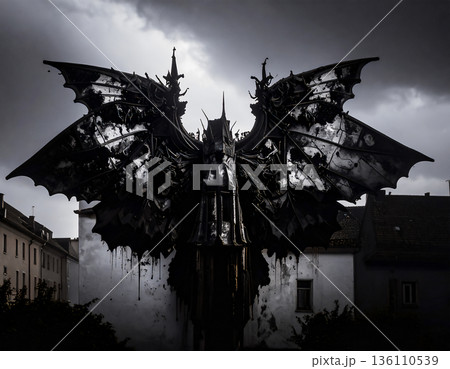 曇天の街に聳え立つ巨大な黒い翼の像。荘厳で不気味なゴシック・ホラー背景。 136110539