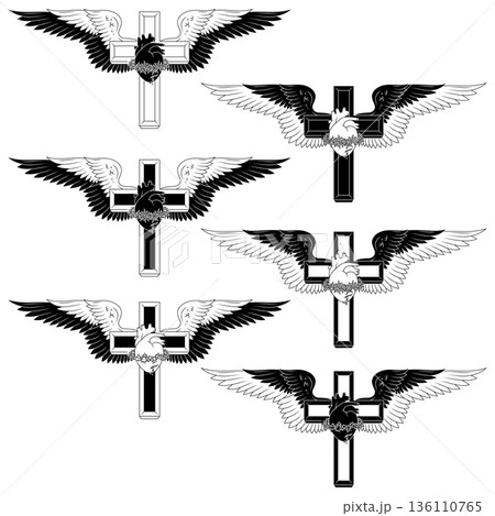 Line Drawing of Sacred Cross with Wings 136110765