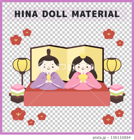女兒節雛人偶插圖。向量圖，描繪了可愛的雛人偶、天皇和皇后人偶，周圍環繞著金色屏風和桃花。 136110884