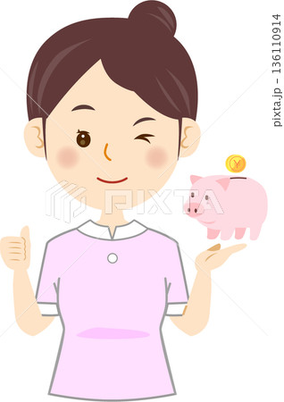 貯金箱を持ってグッドサインを出すエスティシャン 美容部員 美容医療スタッフ 貯金箱を持ってグッドサインを出すエスティシャン 美容部員 美容医療スタッフ 136110914