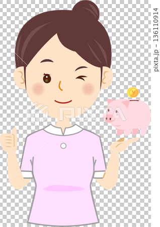 貯金箱を持ってグッドサインを出すエスティシャン 美容部員 美容医療スタッフ 貯金箱を持ってグッドサインを出すエスティシャン 美容部員 美容医療スタッフ 136110914