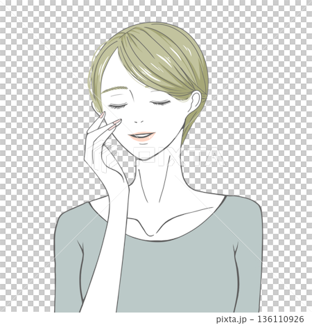 目をつぶり右頬に手を添える女性(金髪) 目をつぶり右頬に手を添える女性(金髪) 136110926