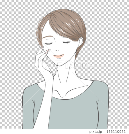 一位棕髮女子，雙眼緊閉，一隻手放在右臉頰上。 136110931