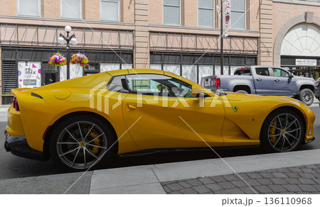 Yellow Ferrari 812 superfast parked on the street of Victoria city, BC, Canada-July 23,2021. 136110968