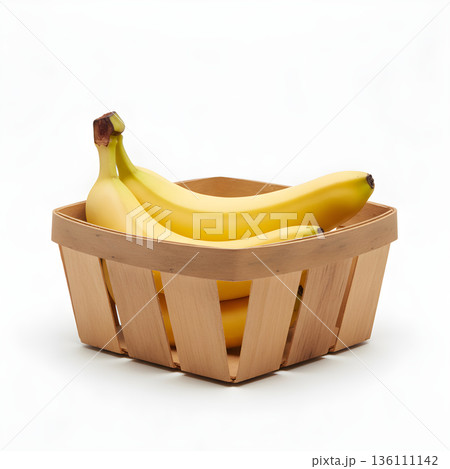 Banana Fruit In Slotted Wooden Basket Low Angle 136111142