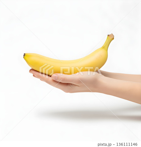 Banana Fruit Single Banana Gently Held by Horizontal Hands 136111146